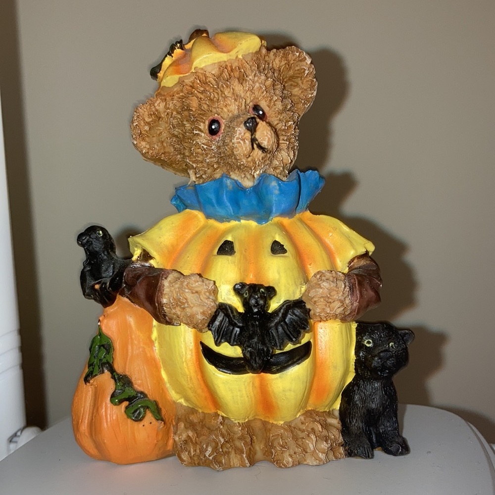 Vintage teddy bear in pumpkin costume resin figurine
